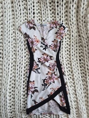 Almost Famous White Floral Wrap Dress with Black Trim